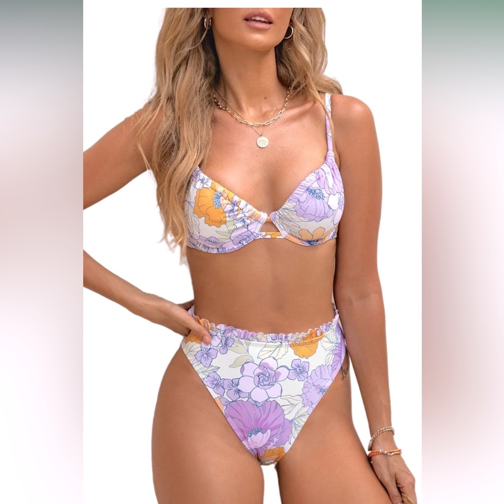 NWT CUPSHE Bikini Set High Waisted Push Up Cheeky Drawstring Suit, Size Small